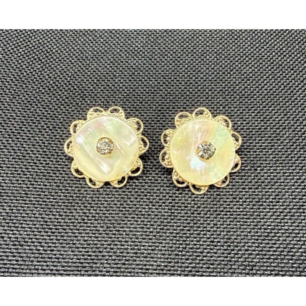 Mother of Pearl Shell Clip On Earrings Gold Tone Filigree Rhinestone Vintage